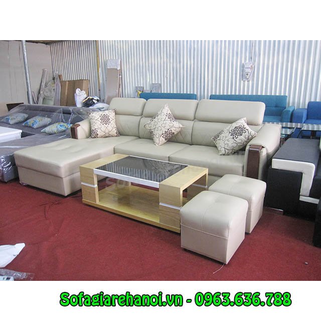 Hình ảnh mẫu ghế sofa da góc chữ L đẹp hiện đại với tay ốp gỗ Sồi độc đáo