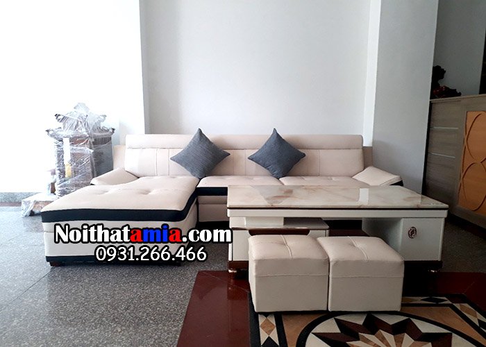 Hình ảnh bộ sofa da góc chữ L viền trắng đẹp