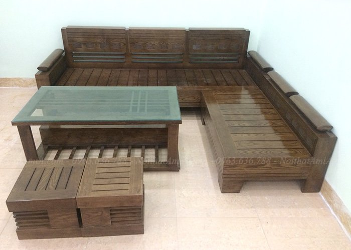 Hình ảnh Ghế sofa gỗ chữ L đẹp hiện đại và sang trọng kết hợp bàn trà gỗ kính
