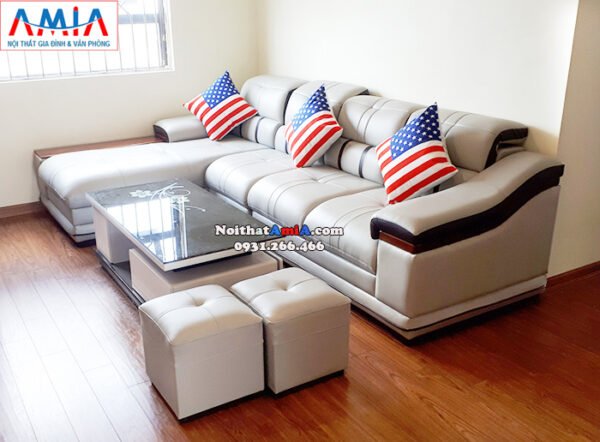 Hình ảnh ghế sofa da cao cấp kê phòng khách hiện đại nhà phố, nhà chung cư