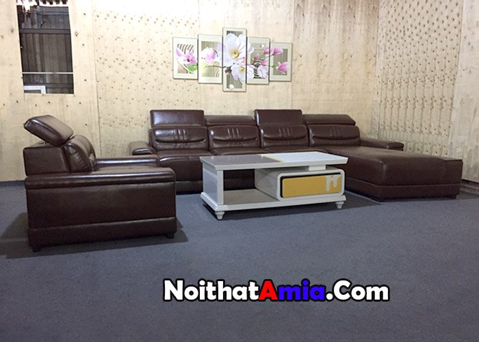 Ảnh chụp thực tế bộ ghế sofa da phòng khách cao cấp thực tế Amia SFD186