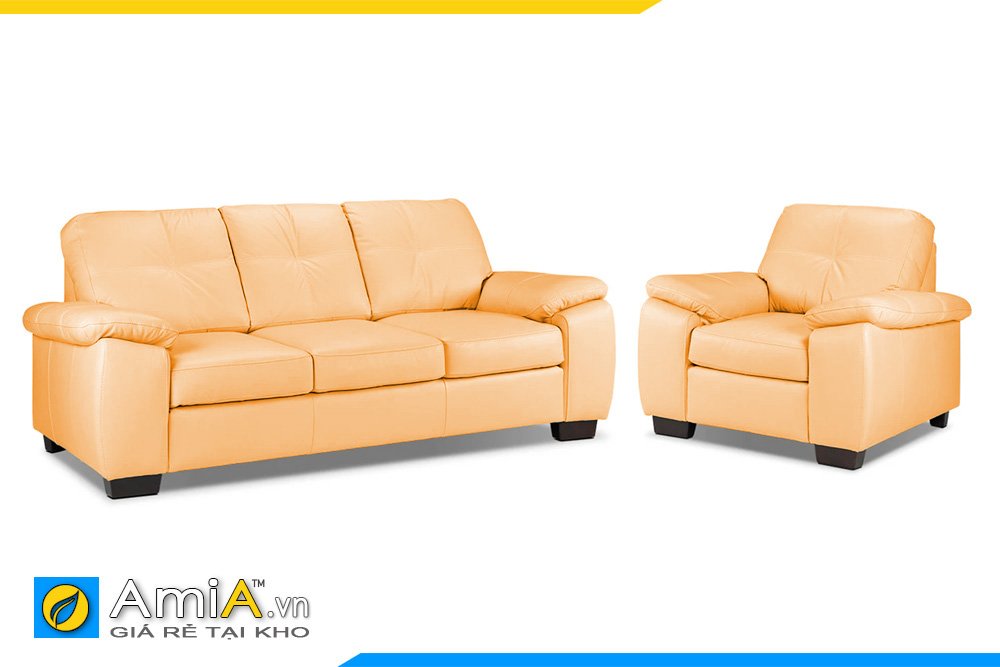 Ghế sofa da 1 văng dài và 1 ghế chủ chân gỗ thấp màu vàng